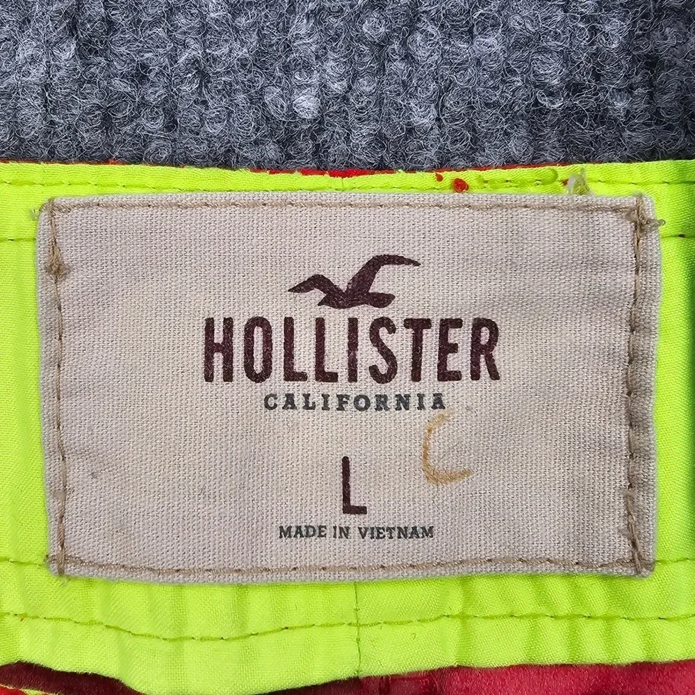 Hollister Board Shorts Mens L Red Neon Green Logo Swim Trunks Cargo Pocket 9